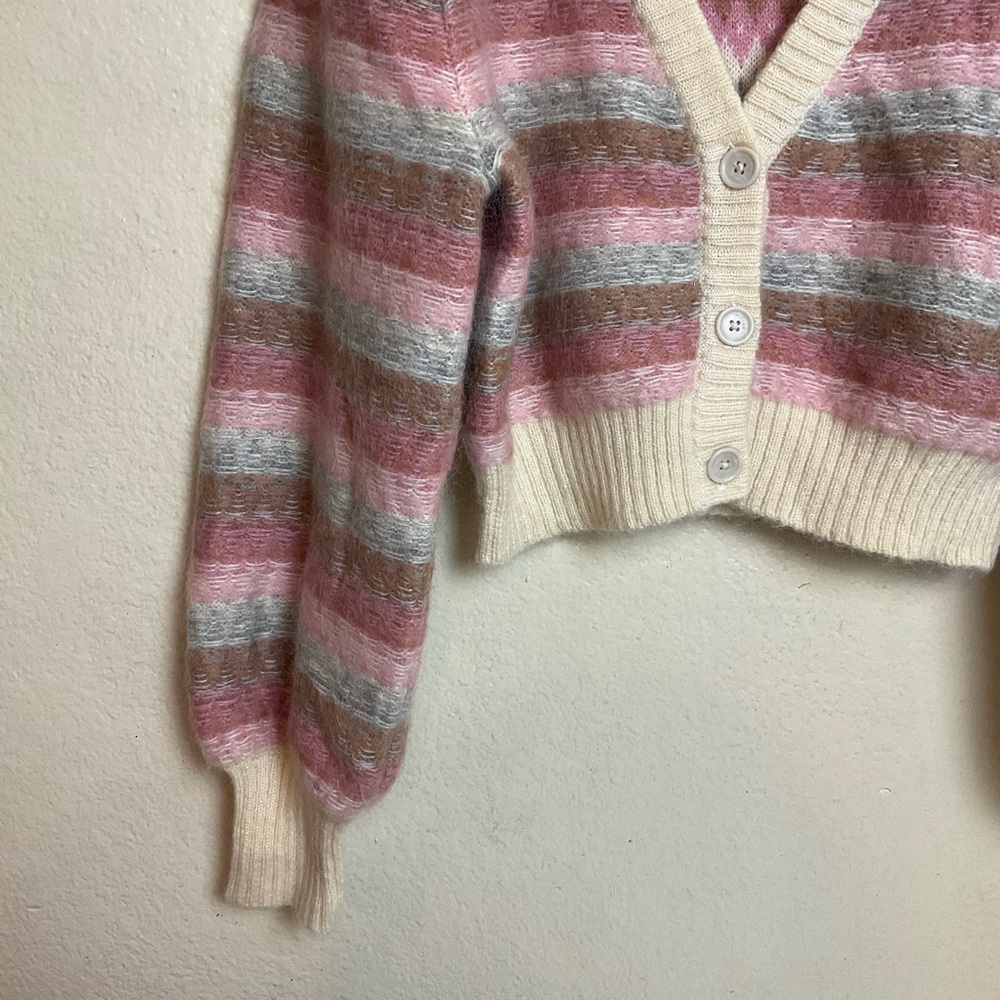 Aritzia Wilfred Cadence Cardigan Sweater Cropped Striped Pink Mohair Wool - Picture 5 of 8
